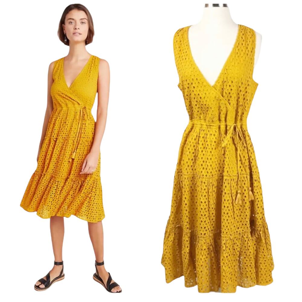 ANTHROPOLOGIE X FRYE Midi Wrap Dress XS Mustard Ruffled Nuri Eyelet Boho Cottage